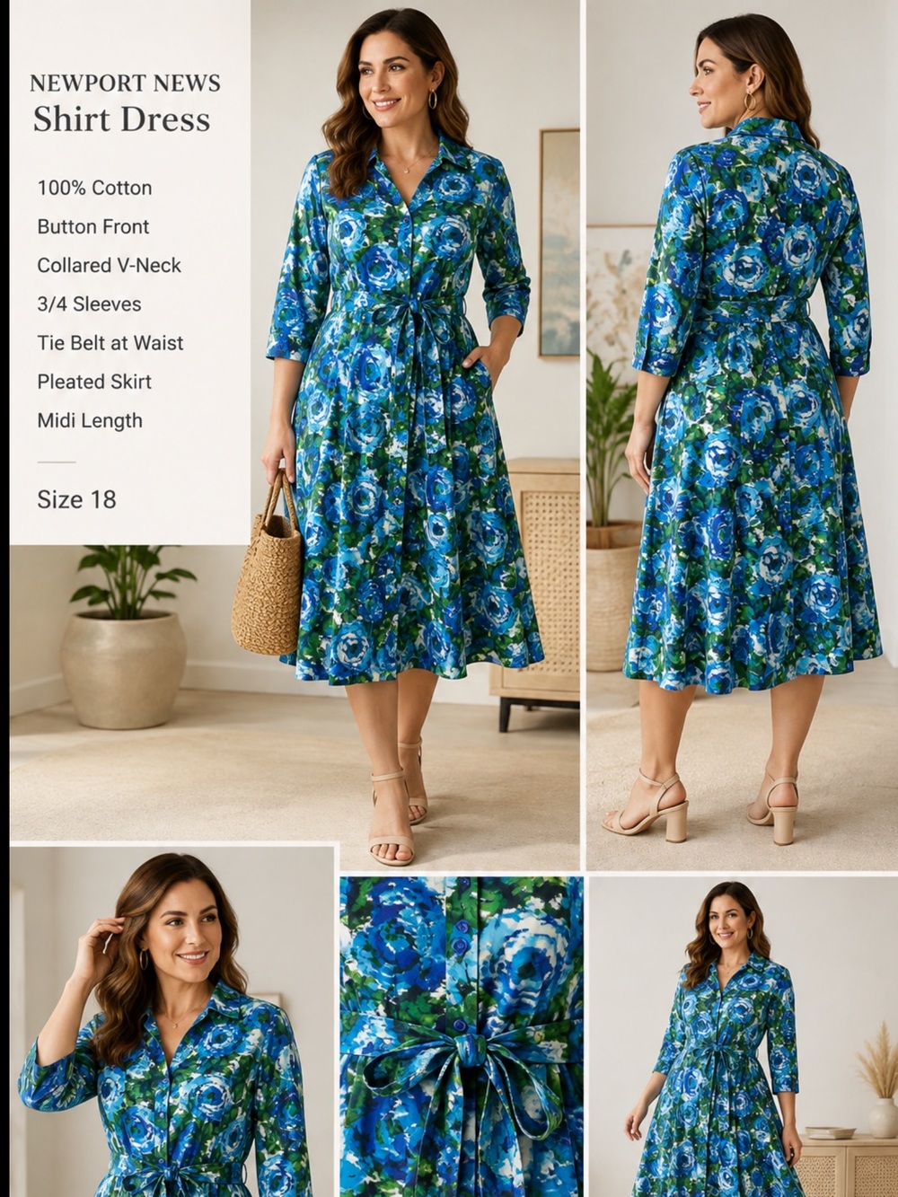Título: Newport News Blue Green Floral Cotton Shirt Dress Size 18 Belted Midi
